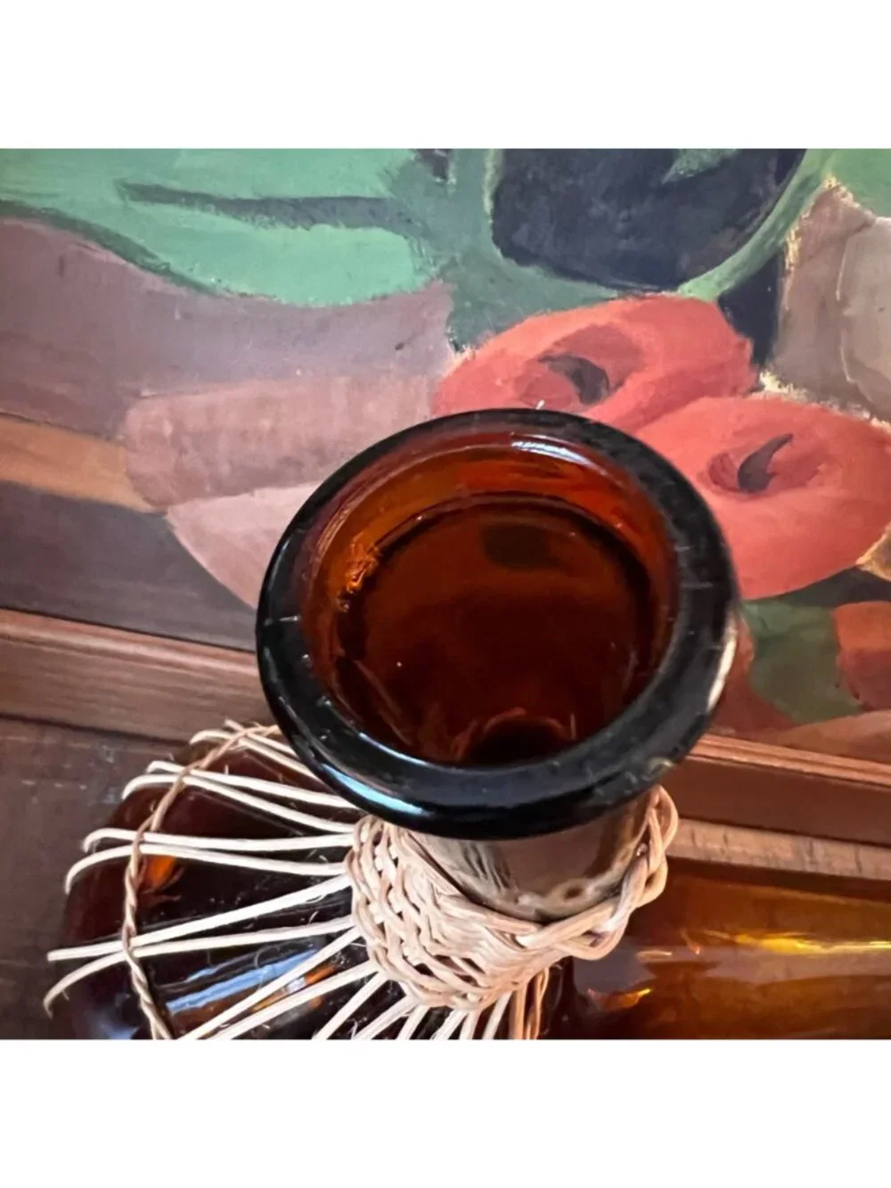 Vintage Spanish Amber Glass Wine Decanter With Rattan Wrap Cork And Cap